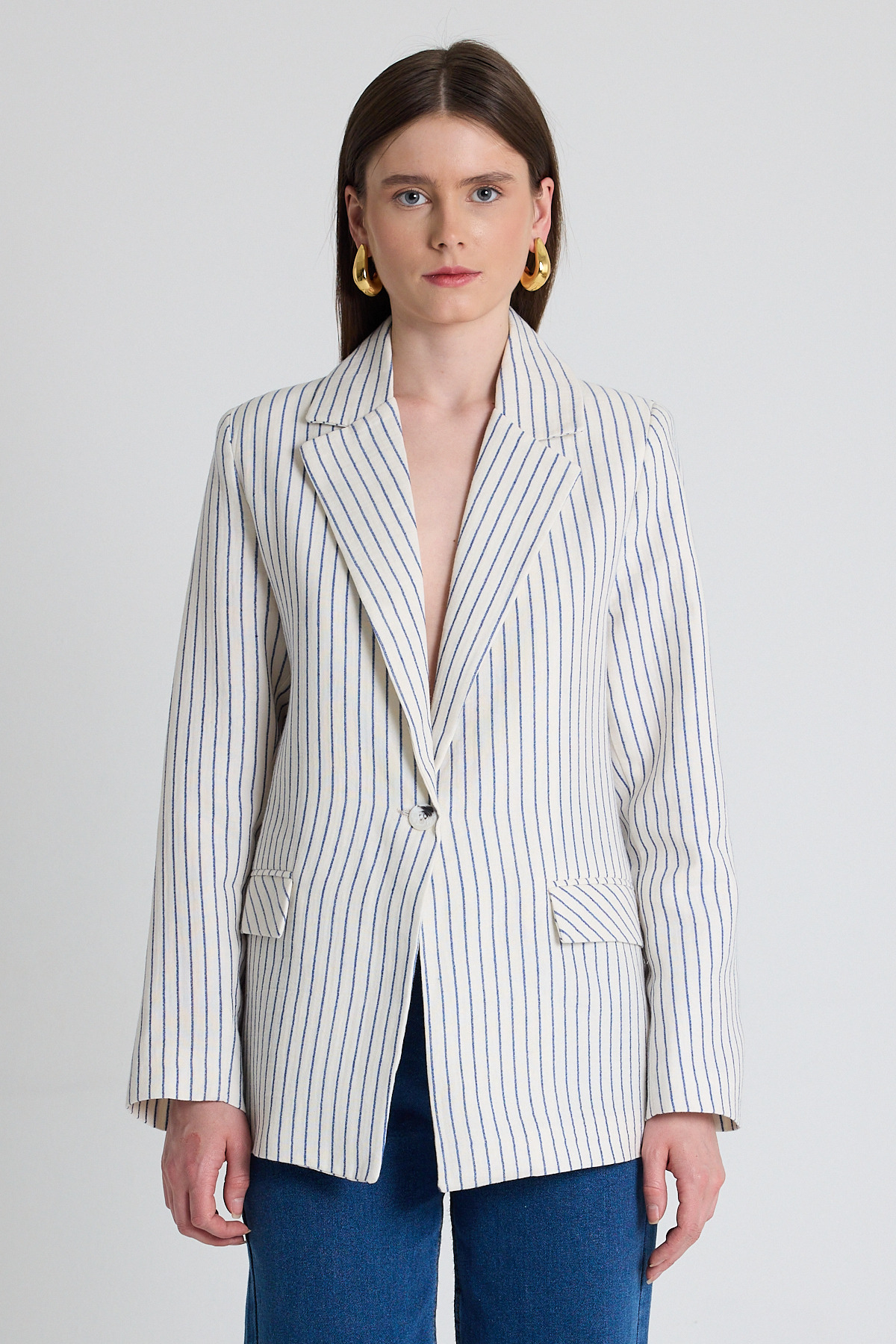 Mavi Keten Görünümlü %100 Pamuk Çizgili Blazer Ceket 2305 - 1