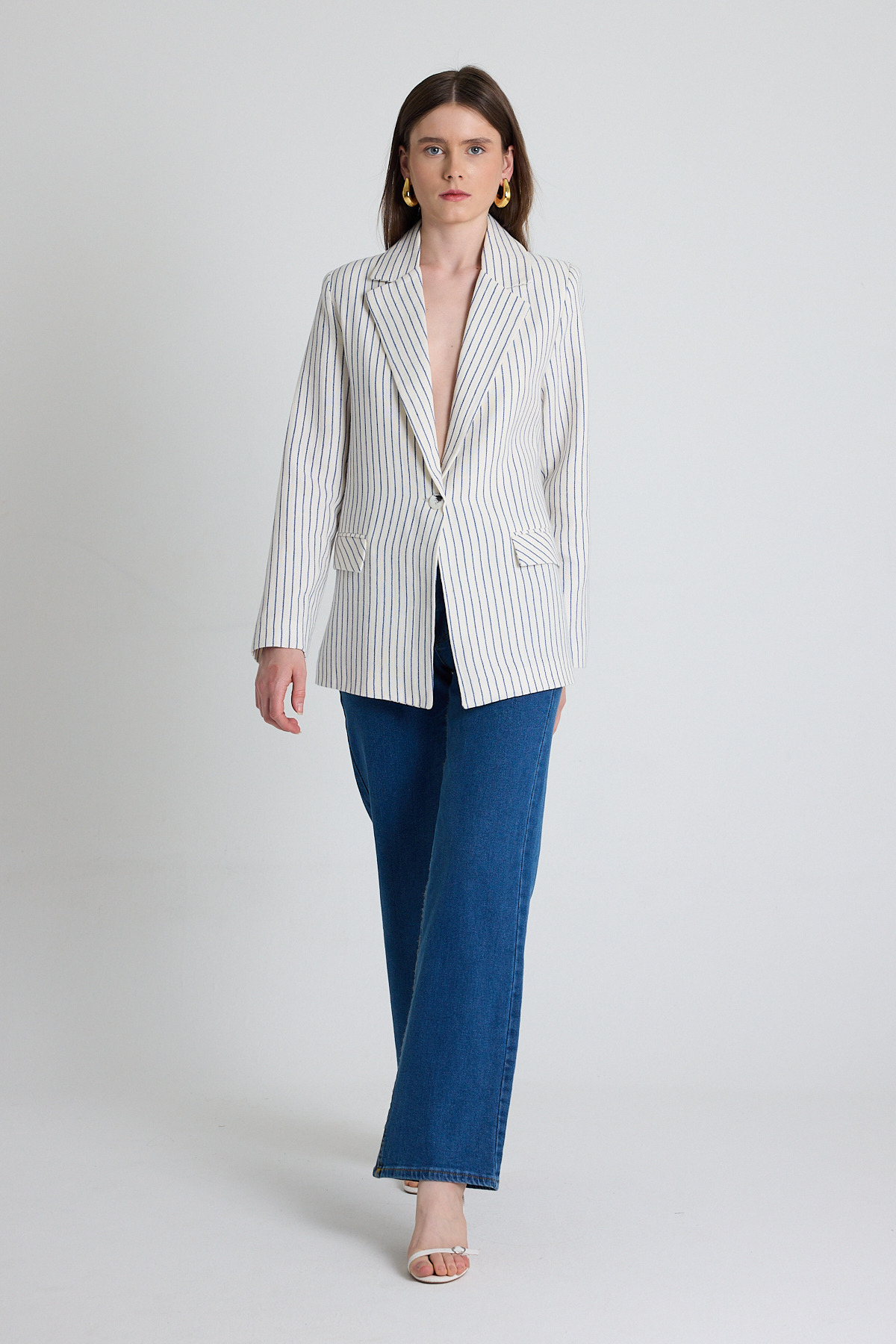 Mavi Keten Görünümlü %100 Pamuk Çizgili Blazer Ceket 2305 - 3