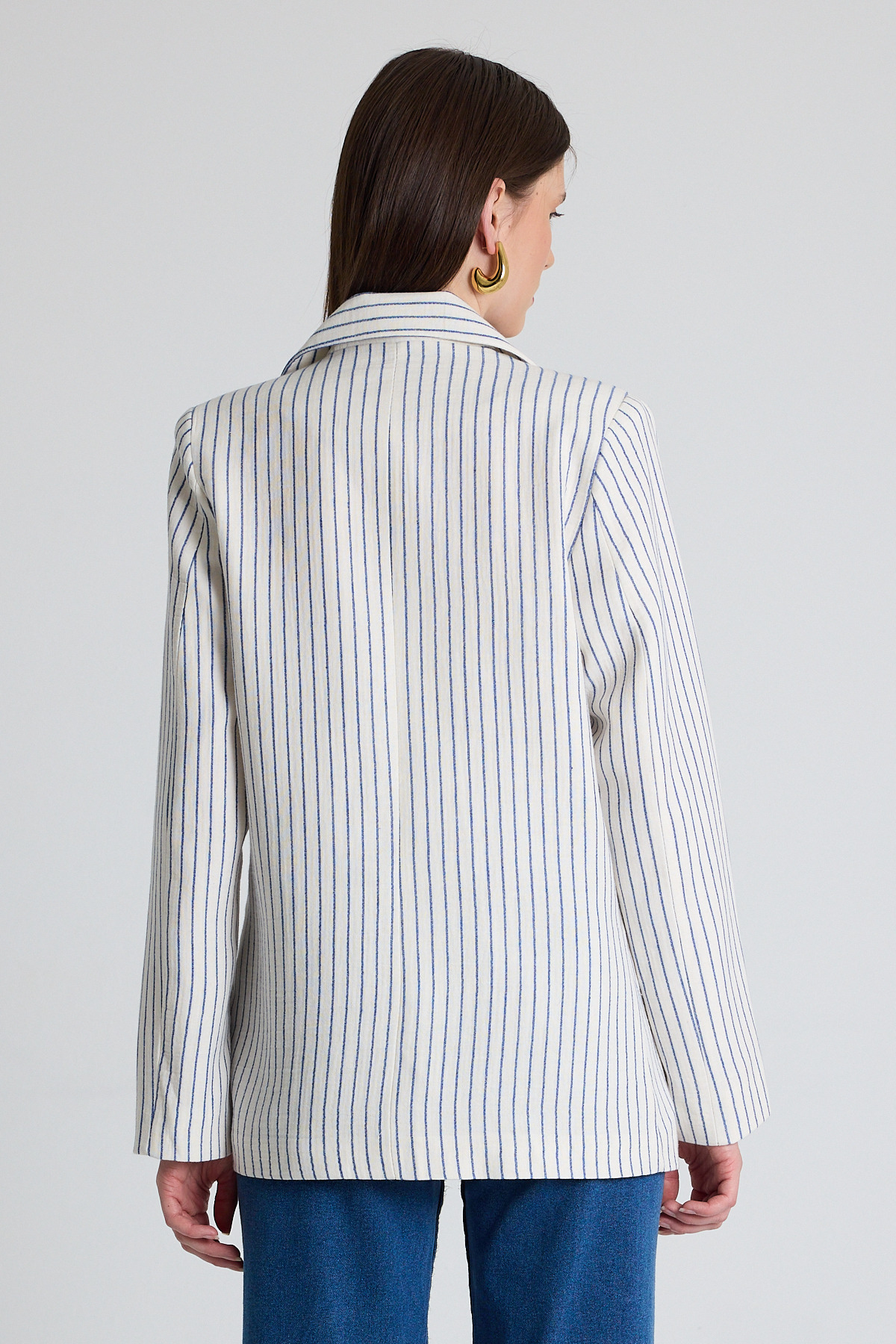 Mavi Keten Görünümlü %100 Pamuk Çizgili Blazer Ceket 2305 - 5