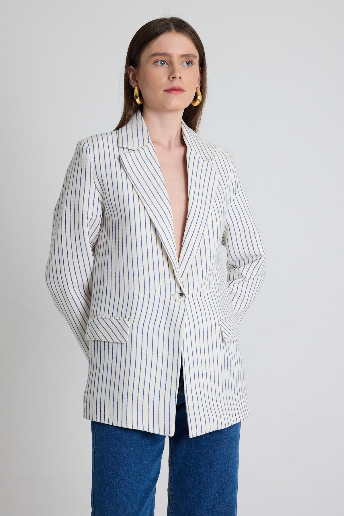 Mavi Keten Görünümlü %100 Pamuk Çizgili Blazer Ceket 2305 - 6