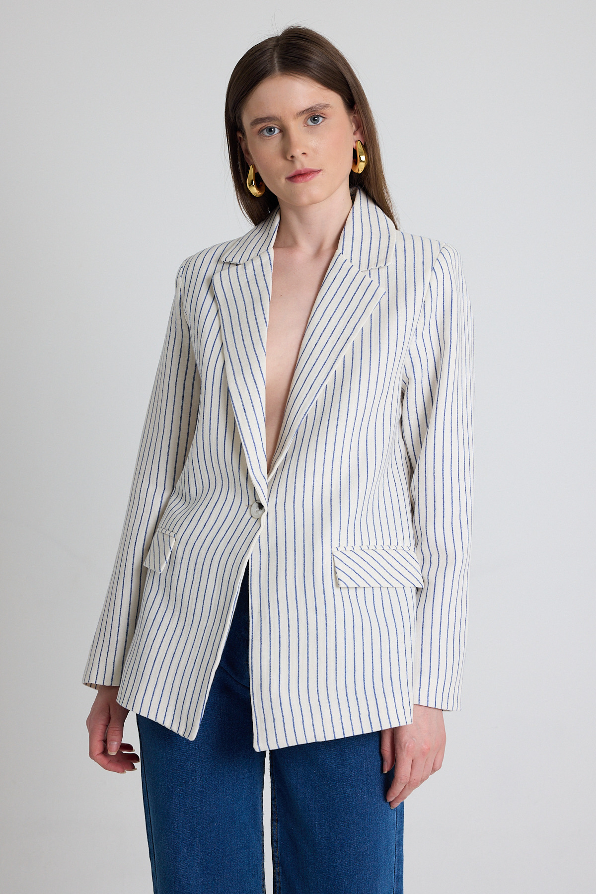 Mavi Keten Görünümlü %100 Pamuk Çizgili Blazer Ceket 2305 - 2