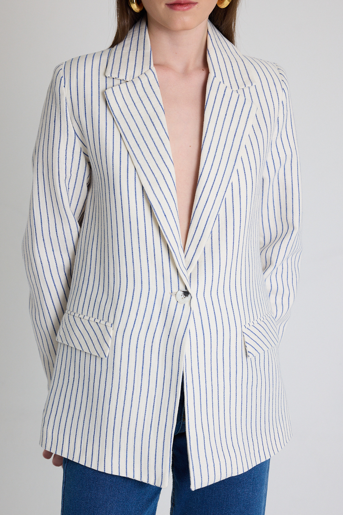 Mavi Keten Görünümlü %100 Pamuk Çizgili Blazer Ceket 2305 - 4