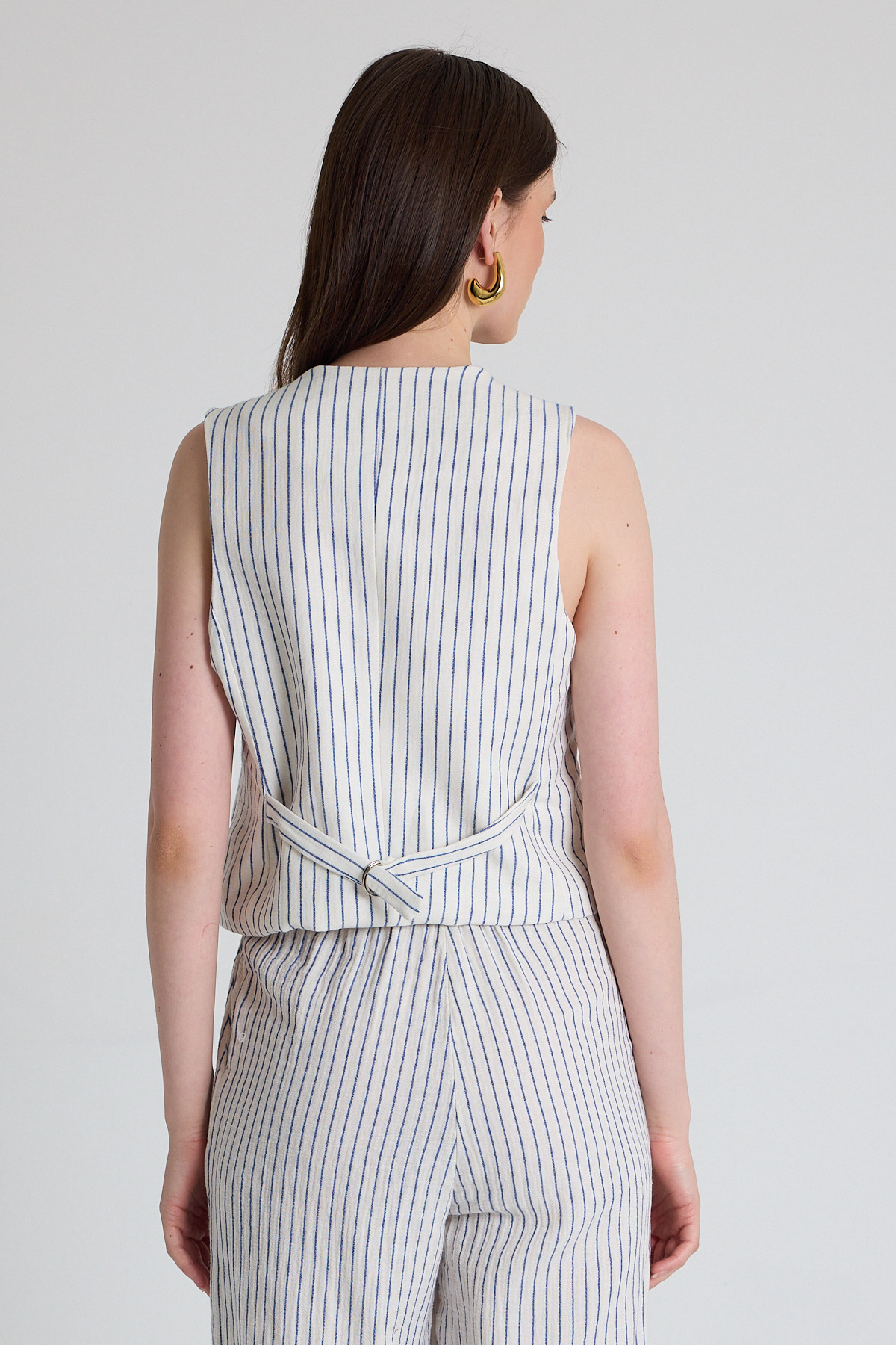 Mavi Keten Görünümlü %100 Pamuk Çizgili Yelek 2323 - 5