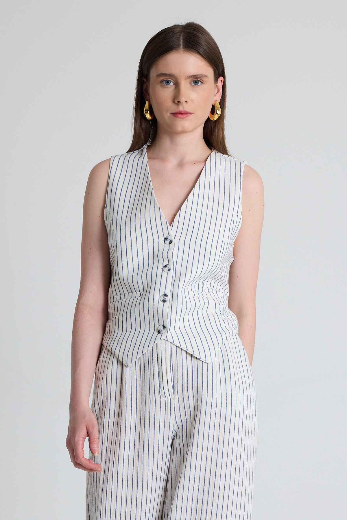 Mavi Keten Görünümlü %100 Pamuk Çizgili Yelek 2323 - 6