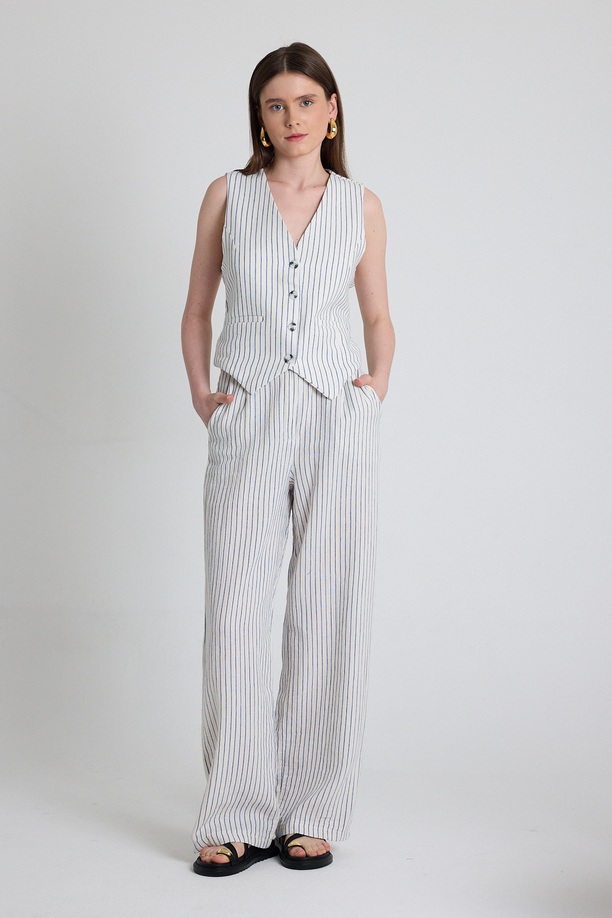 Mavi Keten Görünümlü %100 Pamuk Çizgili Yelek 2323 - 3