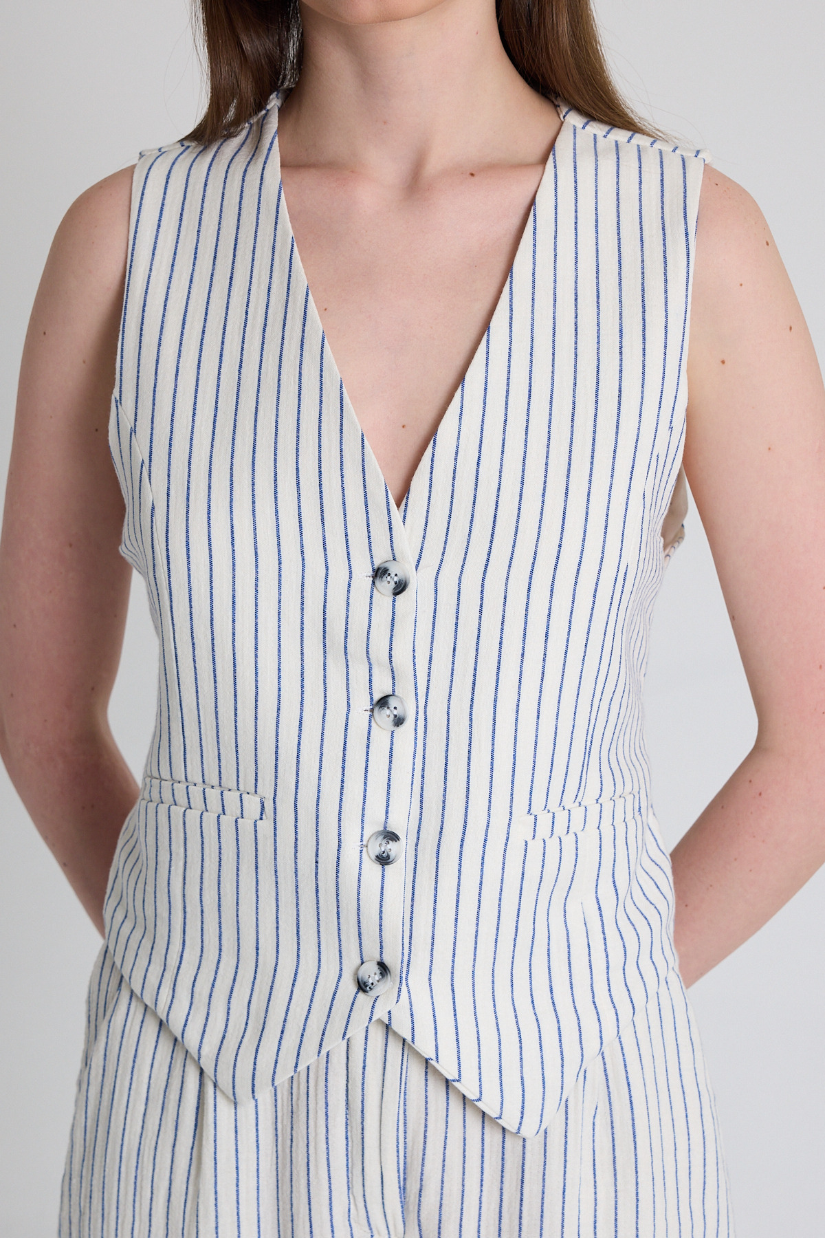 Mavi Keten Görünümlü %100 Pamuk Çizgili Yelek 2323 - RAYS