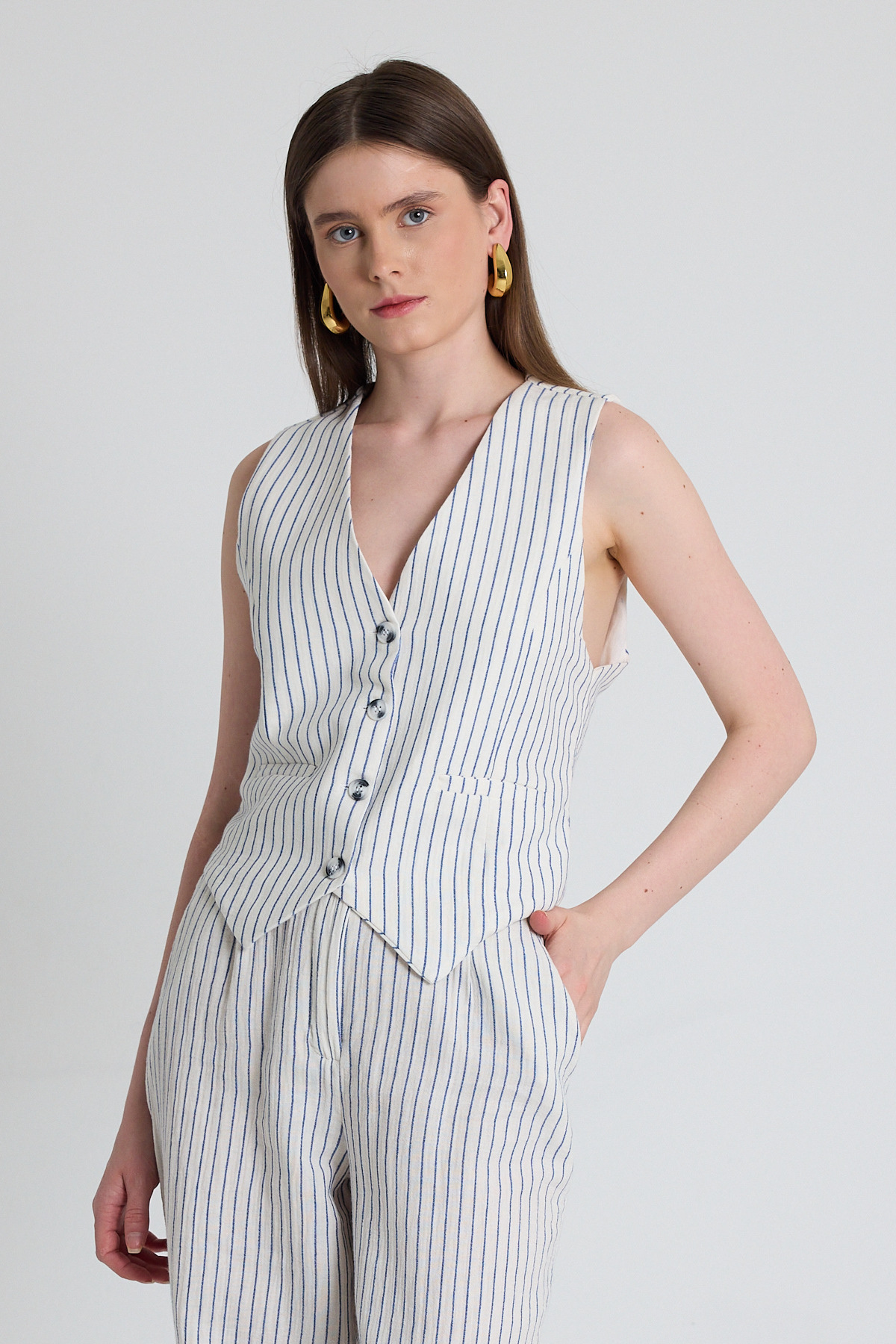 Mavi Keten Görünümlü %100 Pamuk Çizgili Yelek 2323 - RAYS