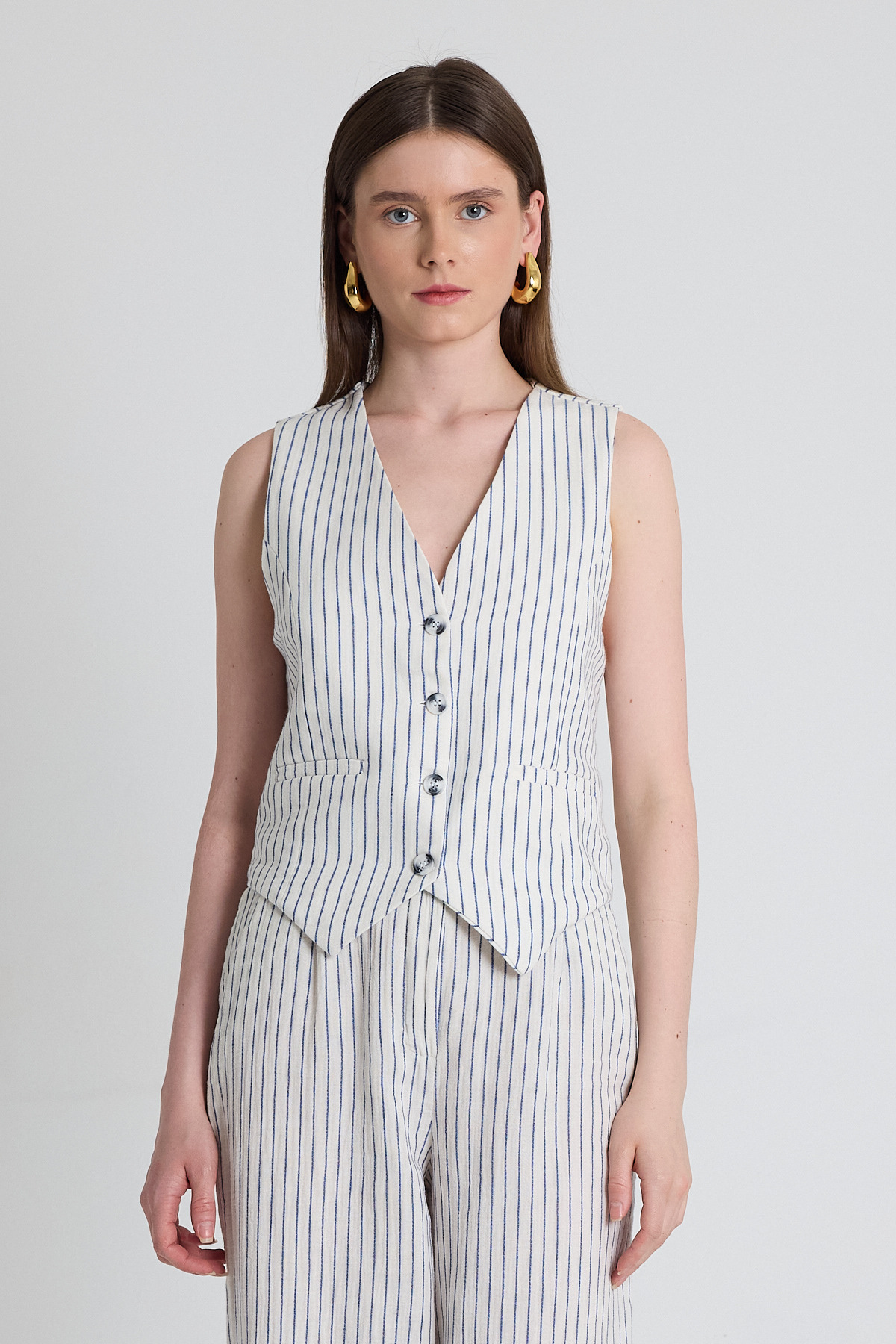 Mavi Keten Görünümlü %100 Pamuk Çizgili Yelek 2323 - RAYS