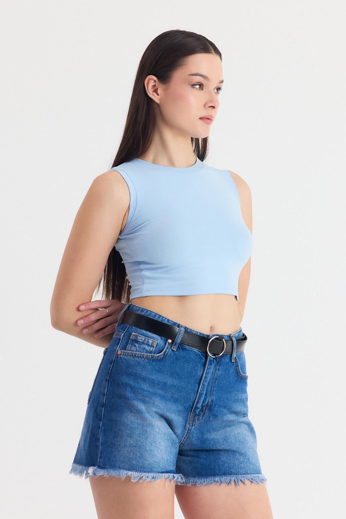 Mavi Kolsuz Bisiklet Yaka Crop Atlet 318 - 8