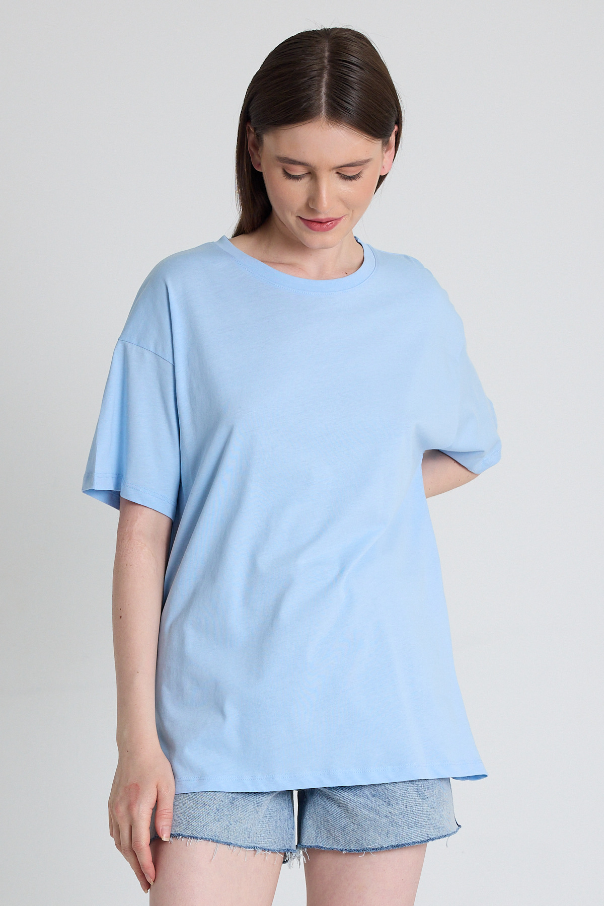 Mavi Omuz Yazı Baskılı %100 Pamuk Oversize Tişört 2150-30M - 5