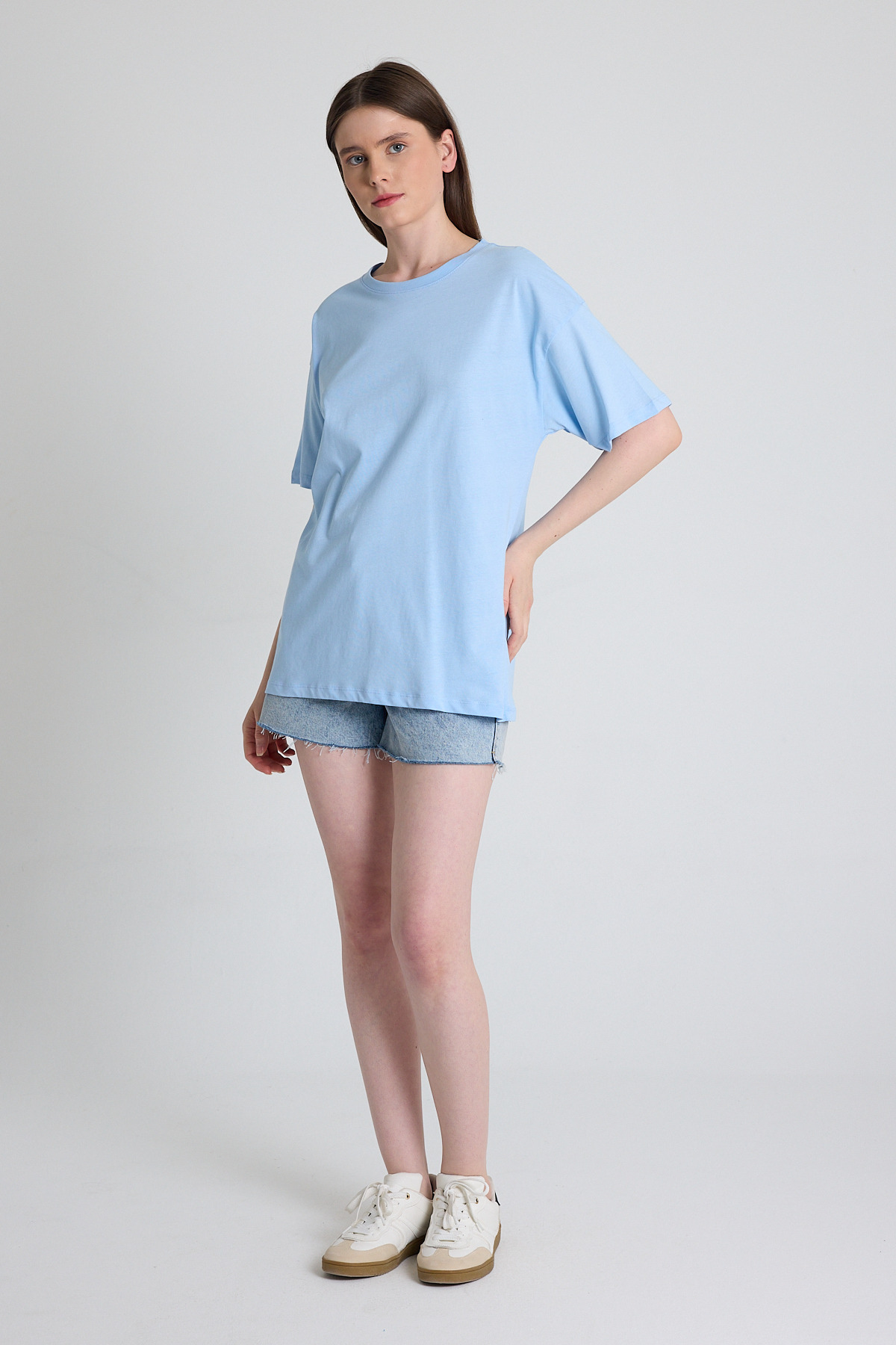 Mavi Omuz Yazı Baskılı %100 Pamuk Oversize Tişört 2150-30M - 3