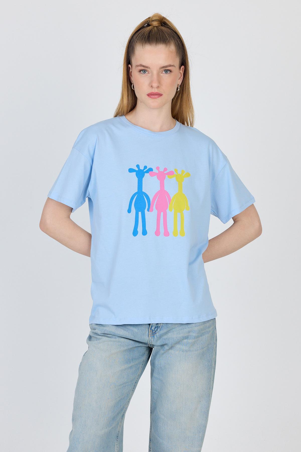 Mavi Oversize Zürafa Baskılı Tişört 2150-12M - RAYS