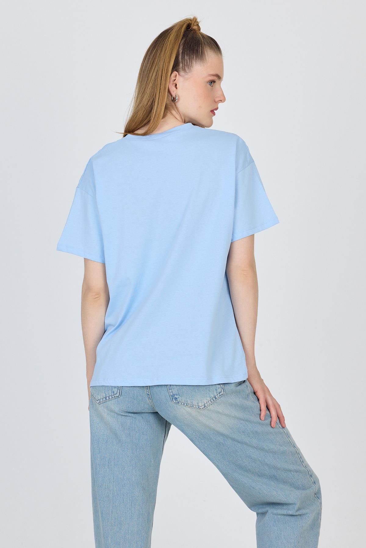 Mavi Oversize Zürafa Baskılı Tişört 2150-12M - 5