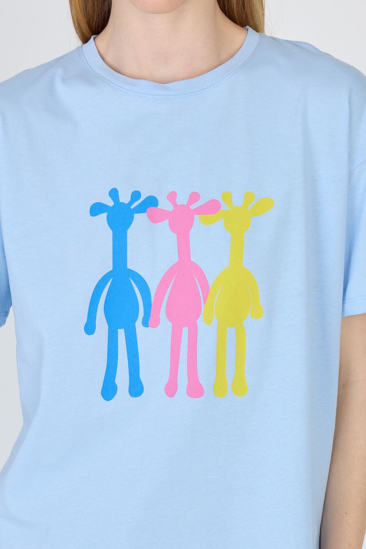 Mavi Oversize Zürafa Baskılı Tişört 2150-12M - 4
