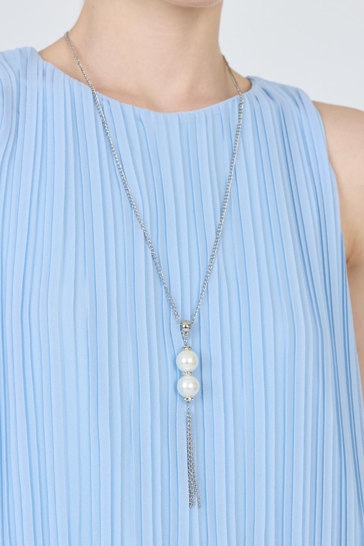 Mavi Pileli Kolye Aksesuar Detaylı Kolsuz Bluz 220 - 4