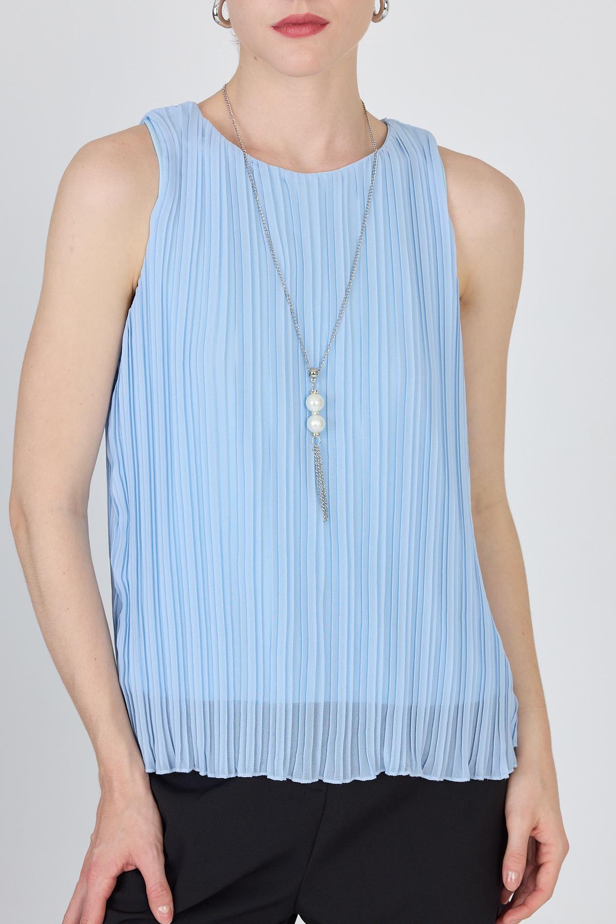 Mavi Pileli Kolye Aksesuar Detaylı Kolsuz Bluz 220 - 6