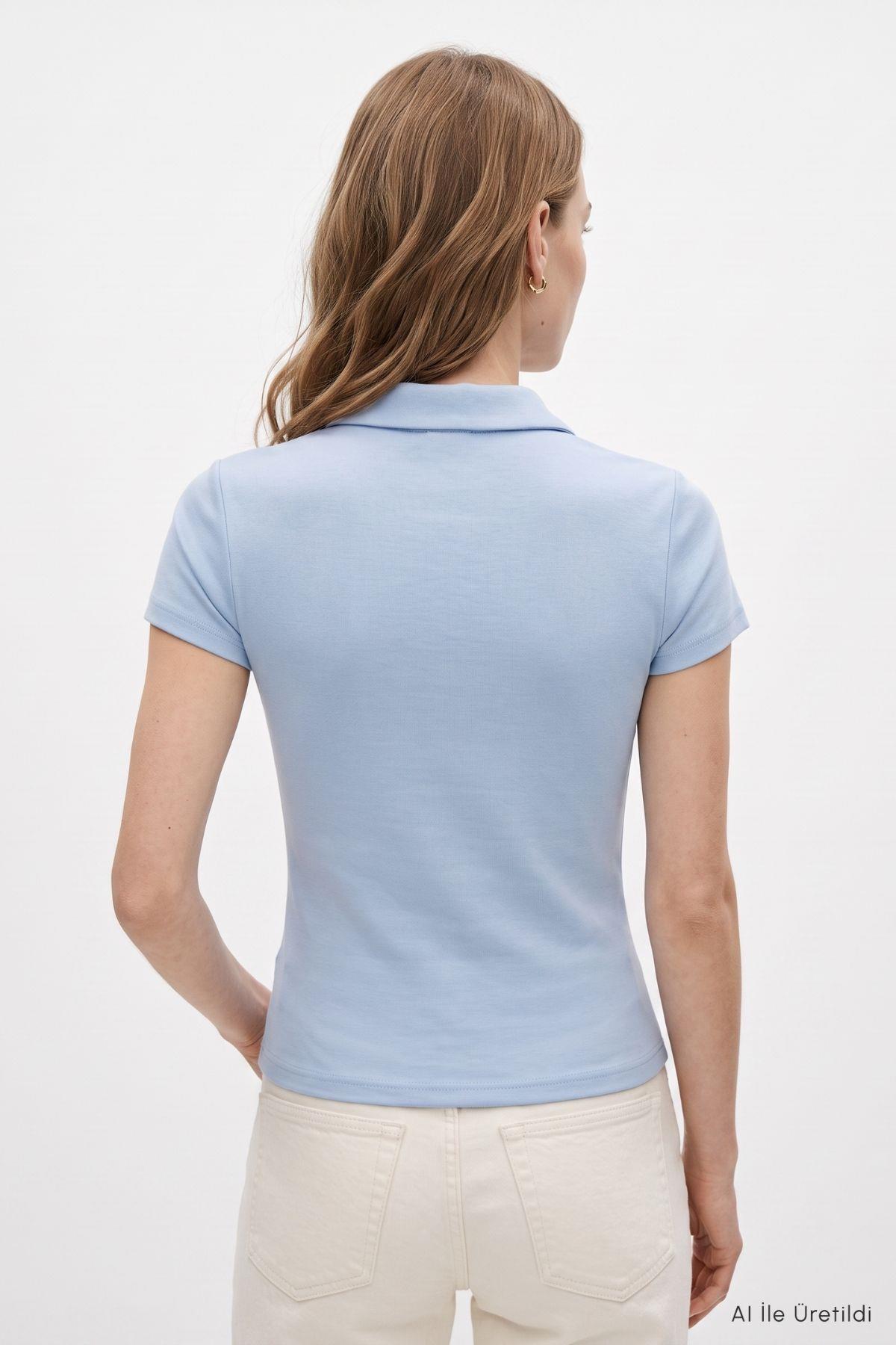 Polo Yaka Kısa Kol Crop Tişört 26651 Mavi - RAYS