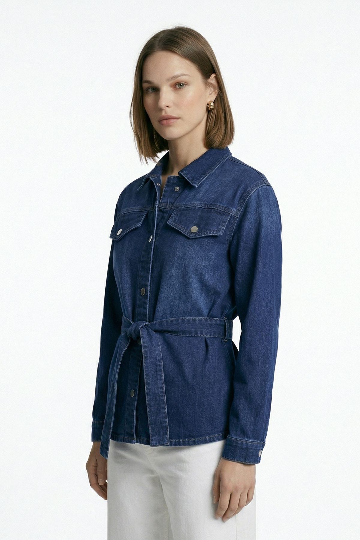 Mavi Sahte Cep Detay Kuşaklı Ceket 218 