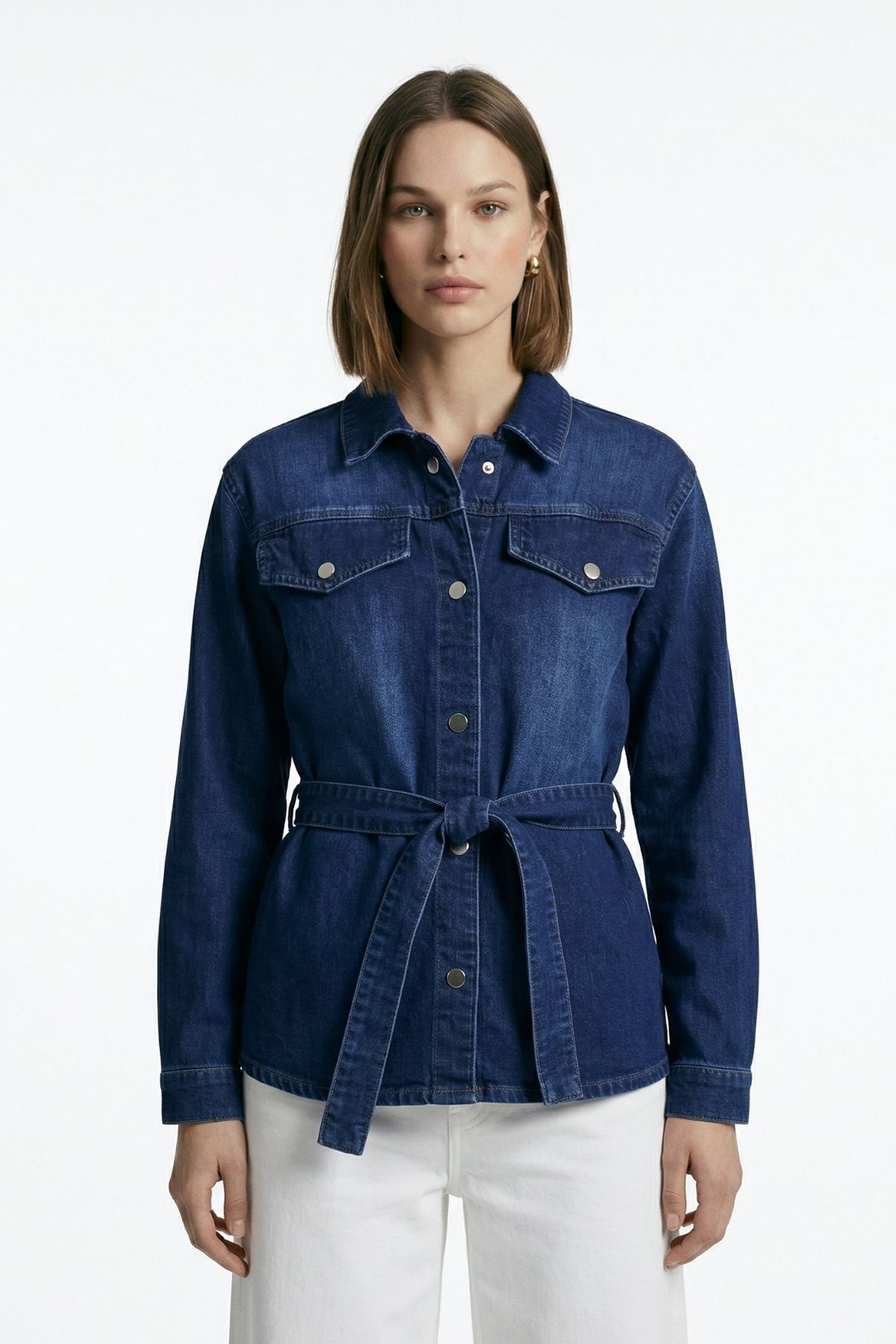 Mavi Sahte Cep Detay Kuşaklı Ceket 218 - 2