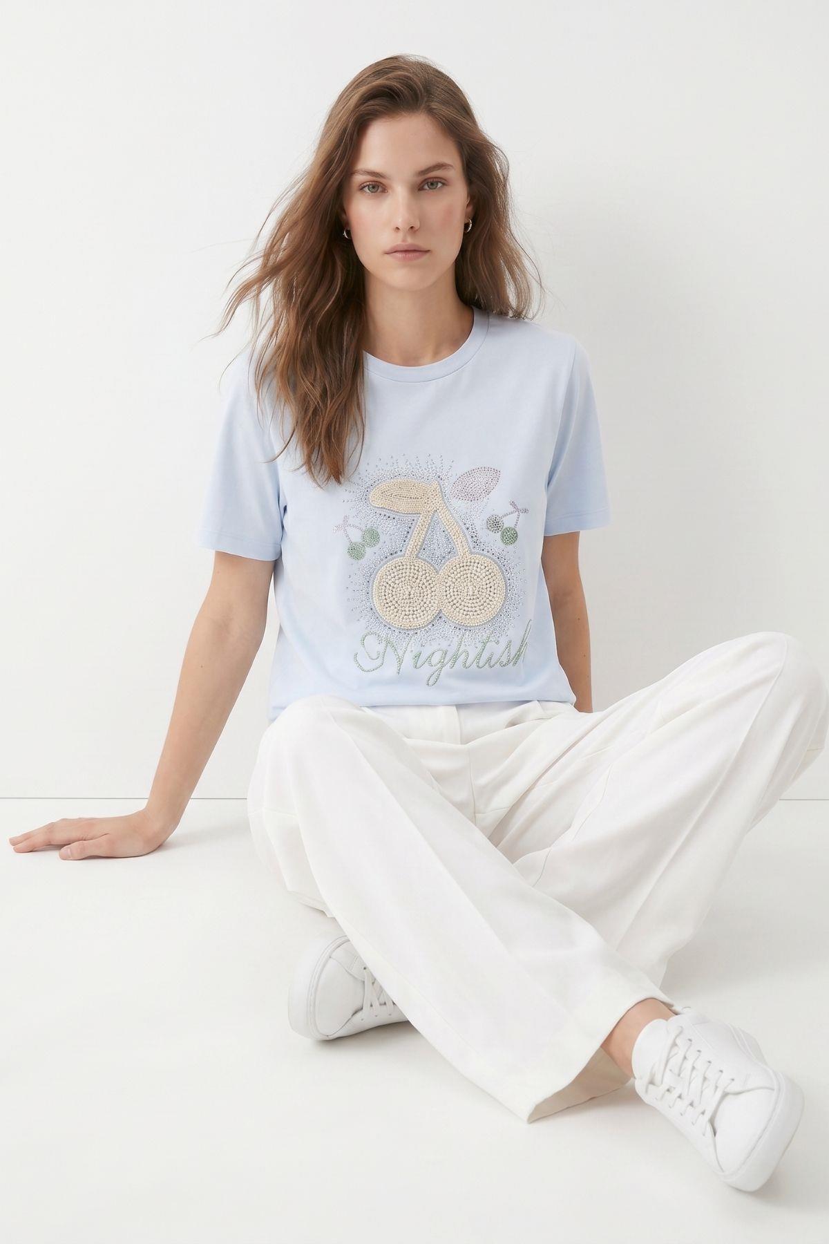 Taşlı Kiraz Desenli Crop Tişört 26750 Mavi - RAYS