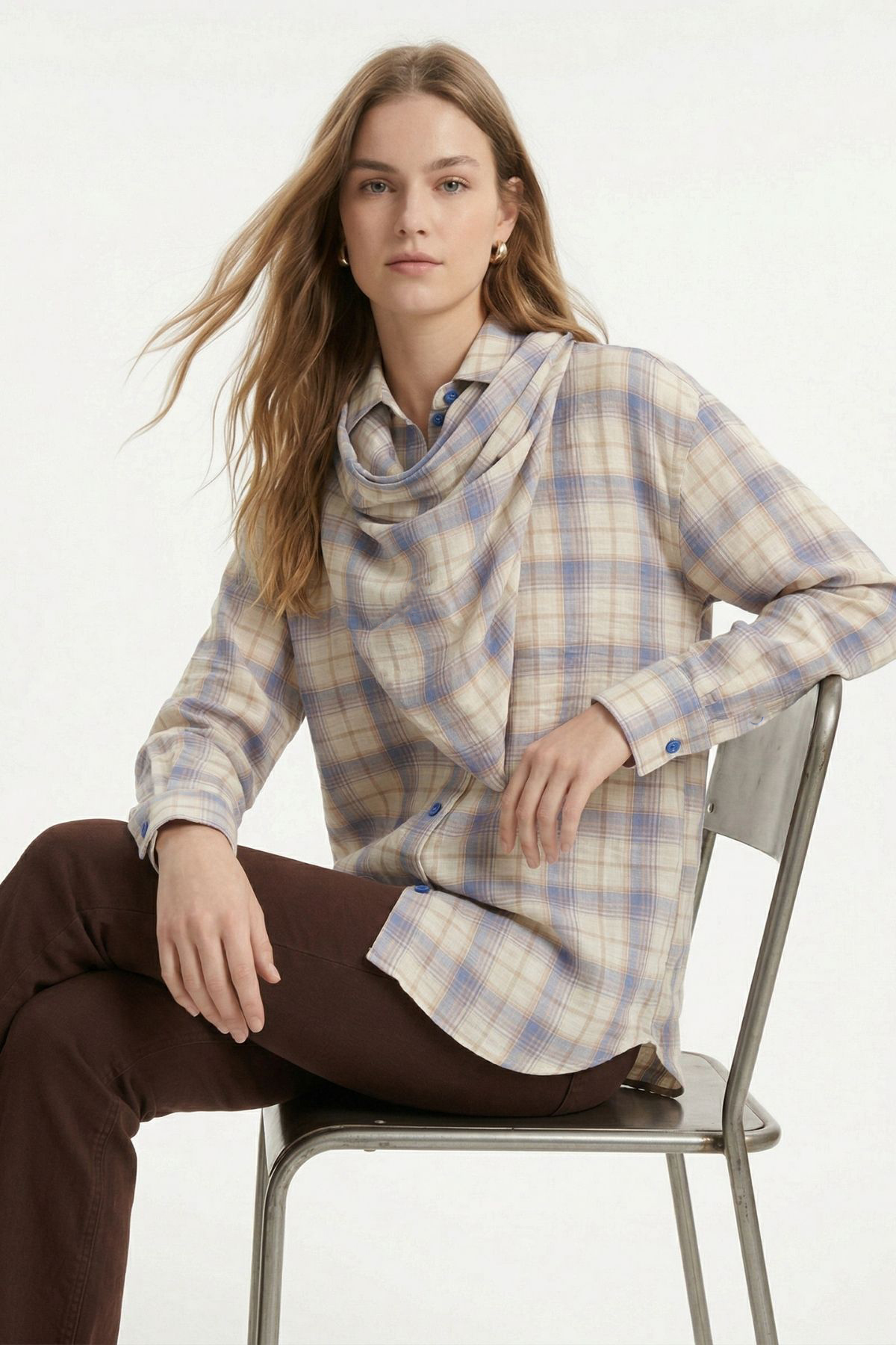 Mavi Üçgen Fularlı Oversize Ekose Gömlek 5484 - 1