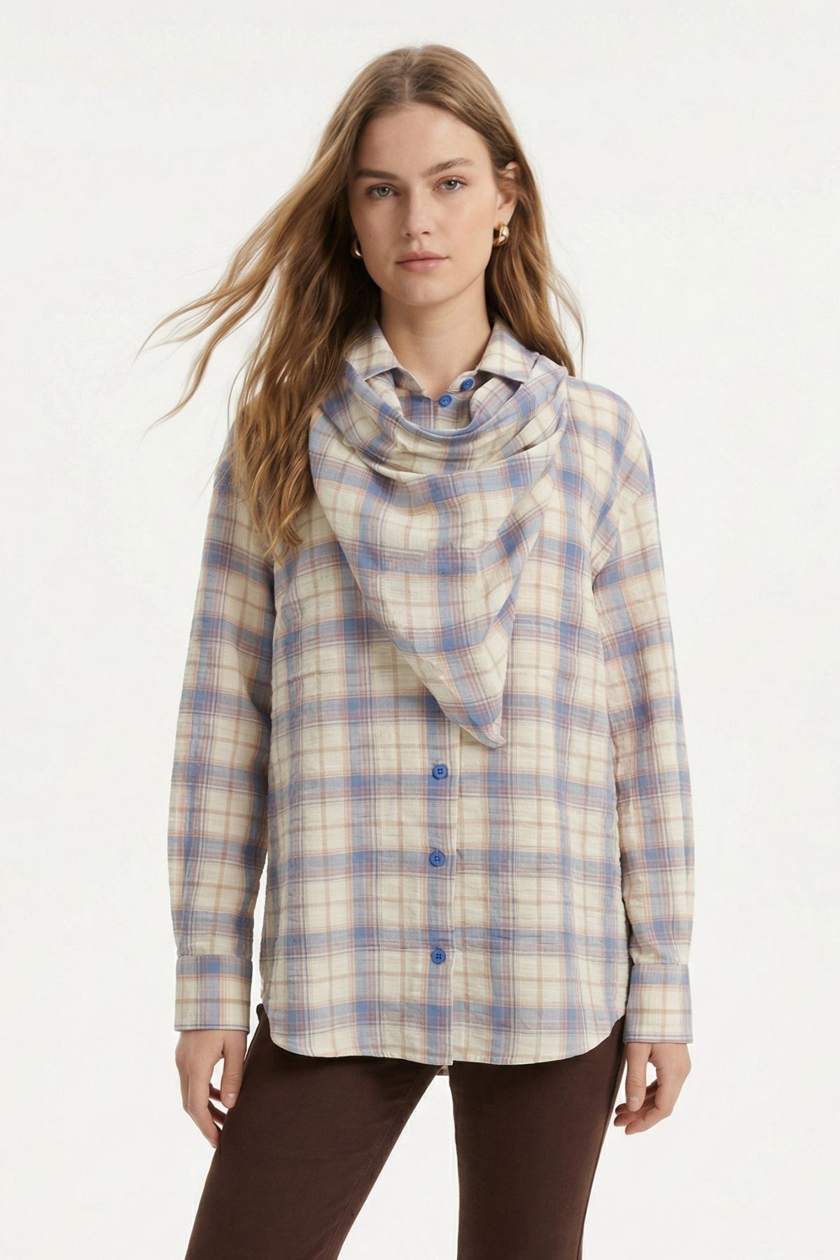 Mavi Üçgen Fularlı Oversize Ekose Gömlek 5484 - 2