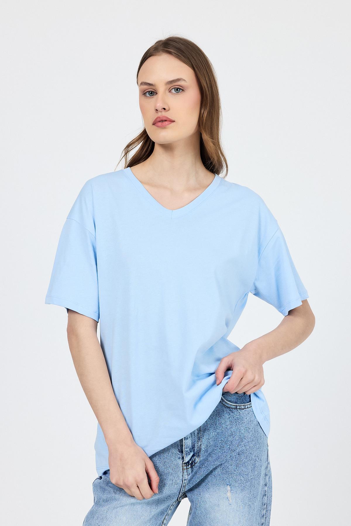 Mavi V Yaka %100 Pamuk Comfort Fit Tişört 2143M - 1