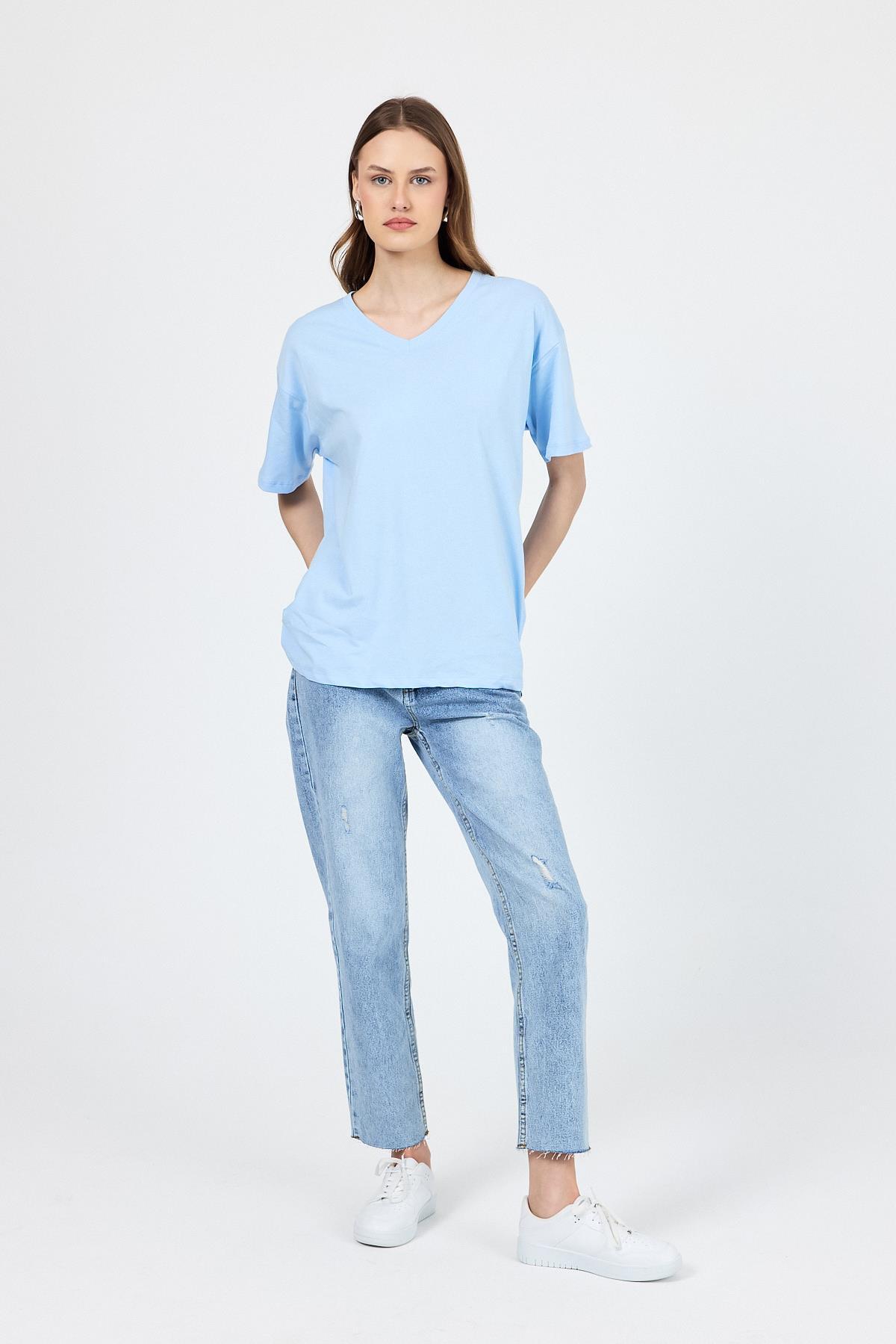 Mavi V Yaka %100 Pamuk Comfort Fit Tişört 2143M - 2