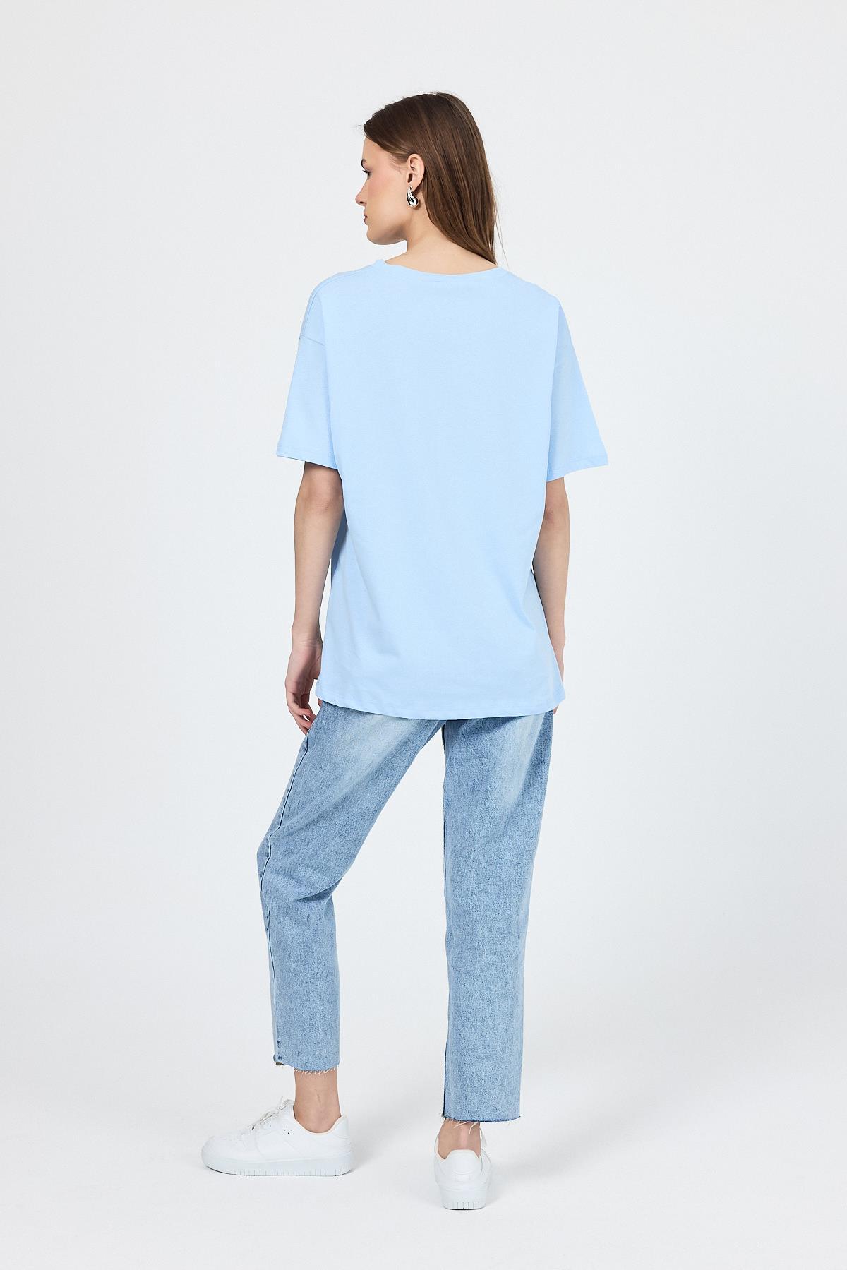 Mavi V Yaka %100 Pamuk Comfort Fit Tişört 2143M - 6