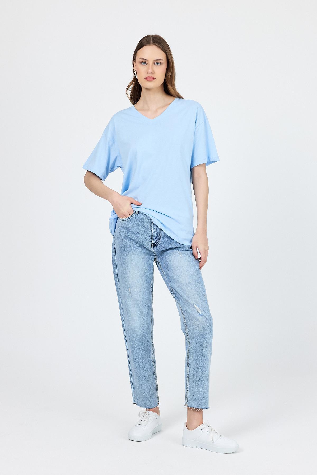 Mavi V Yaka %100 Pamuk Comfort Fit Tişört 2143M - 3