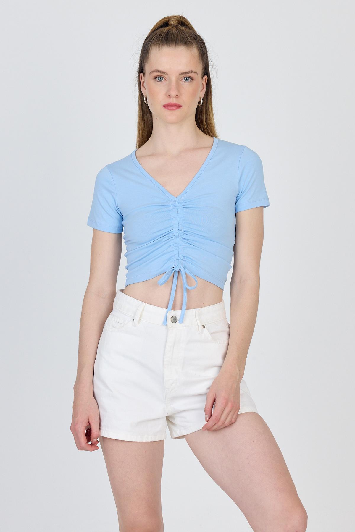 Mavi V Yaka Büzgülü Crop Tişört 9201M - RAYS