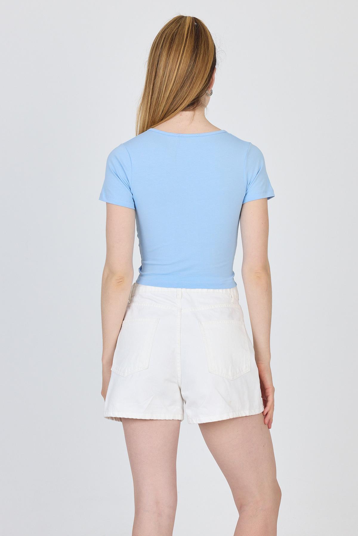 Mavi V Yaka Büzgülü Crop Tişört 9201M - 5