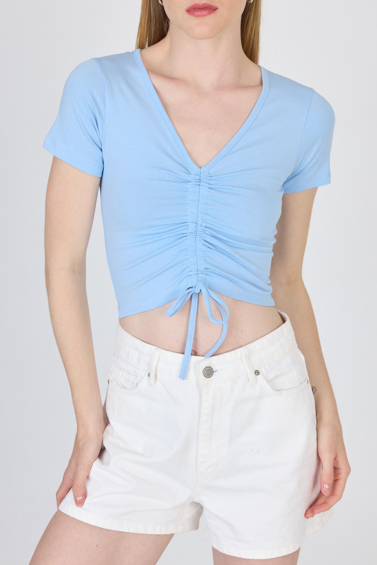 Mavi V Yaka Büzgülü Crop Tişört 9201M - 6
