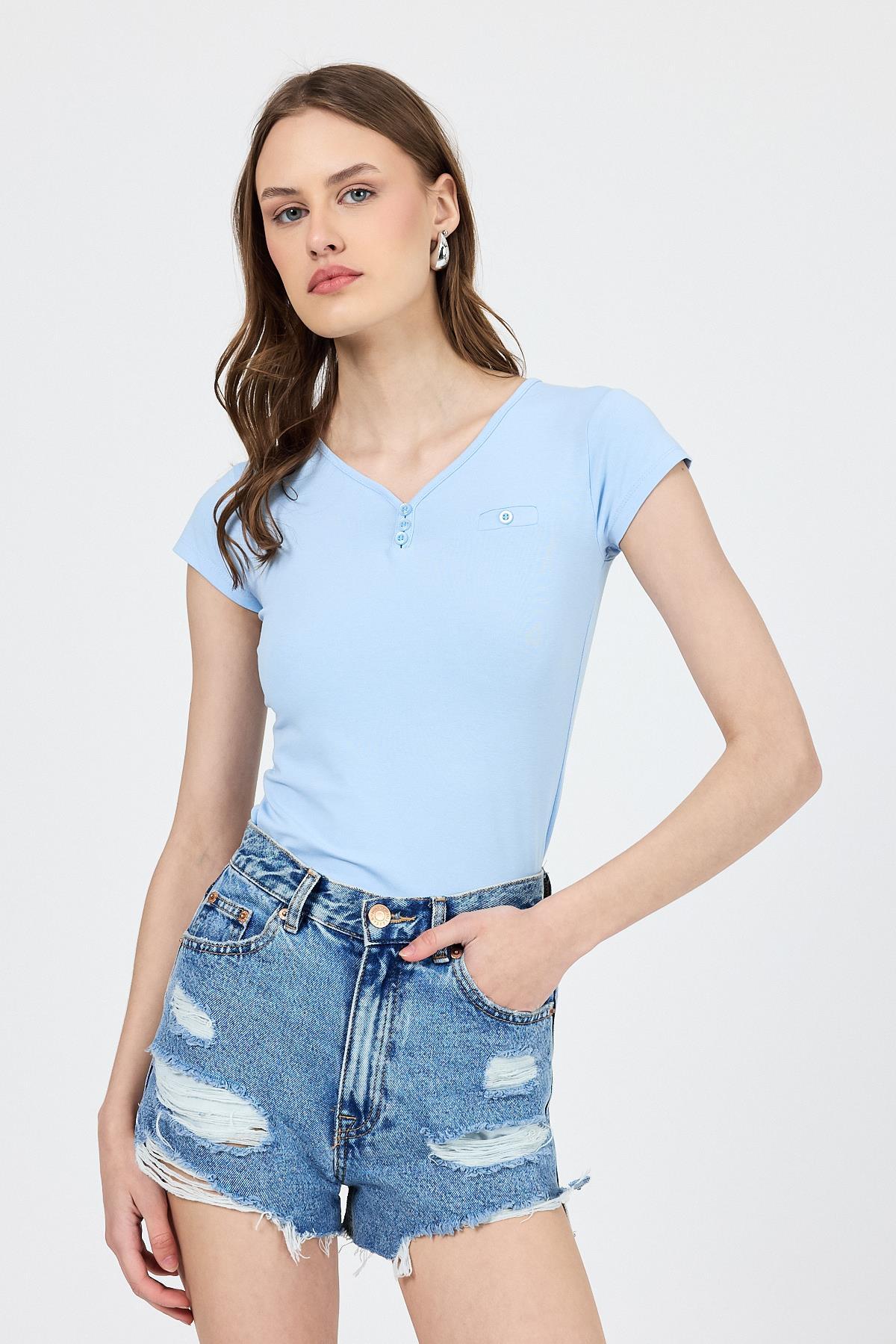 Mavi V Yaka Düğmeli Cep Detaylı Slim Fit Tişört 2213 - 6