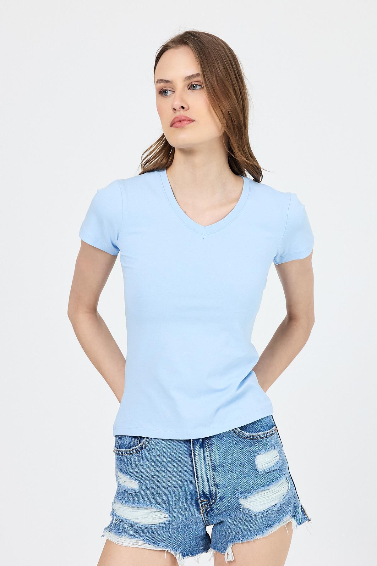 Mavi V Yaka Slim Fit Tişört 2215 