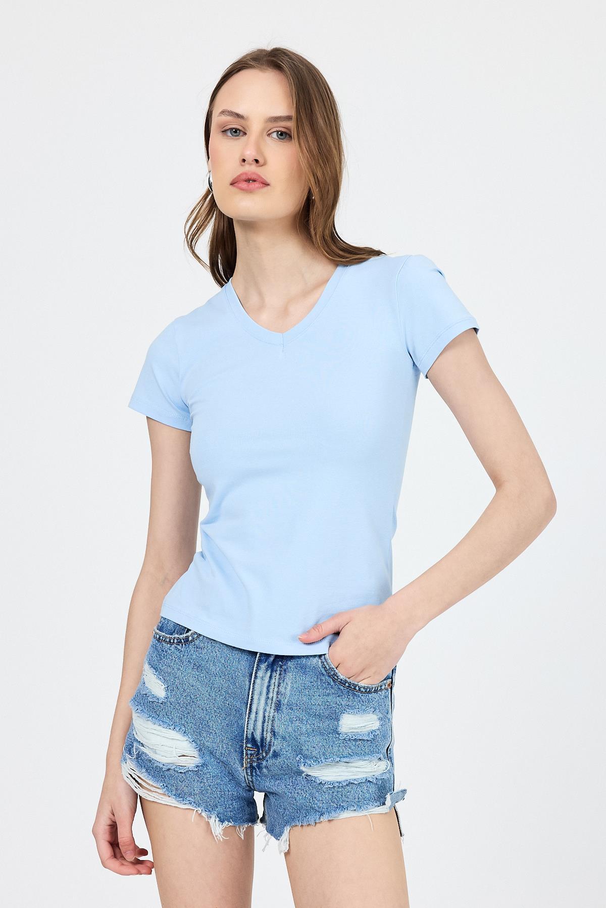 Mavi V Yaka Slim Fit Tişört 2215 - 6