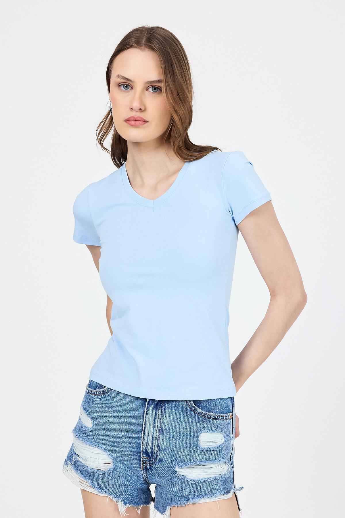 Mavi V Yaka Slim Fit Tişört 2215 - 7