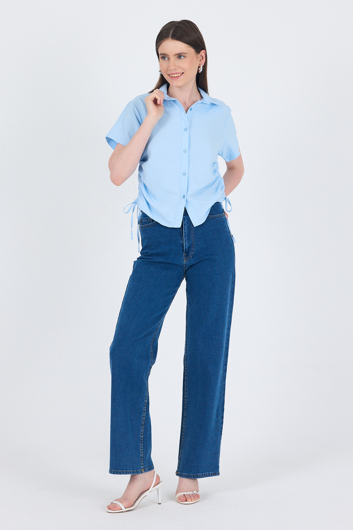 Mavi Yanları Büzgülü Bağcıklı Kısa Kollu Gömlek 4368A - 3