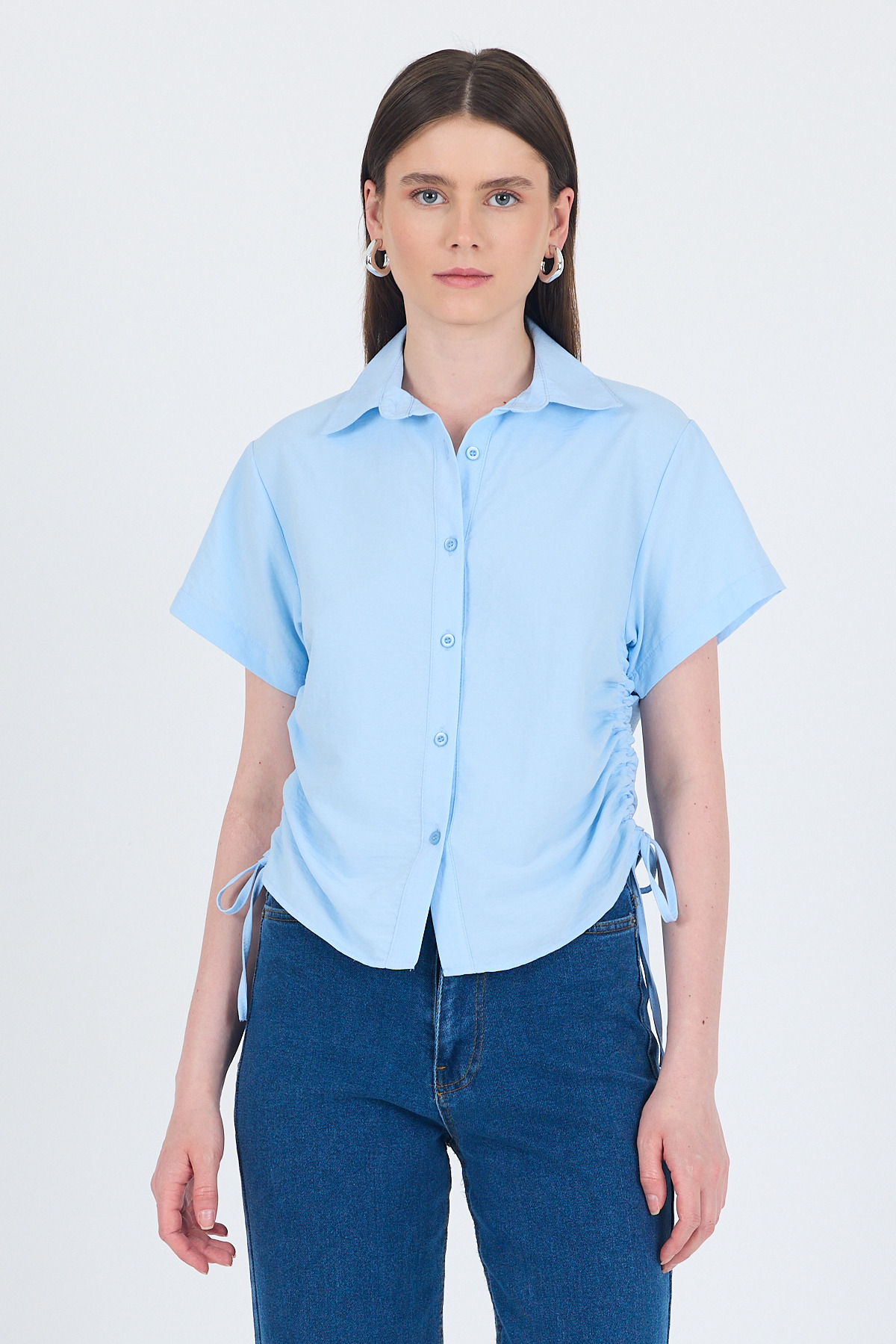 Mavi Yanları Büzgülü Bağcıklı Kısa Kollu Gömlek 4368A - 6