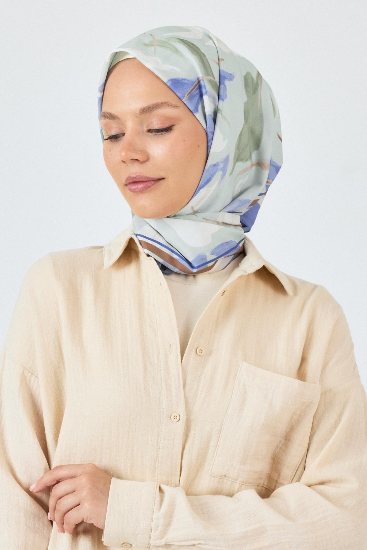 Mavi Yaprak Desenli Eşarp 3004 - 5