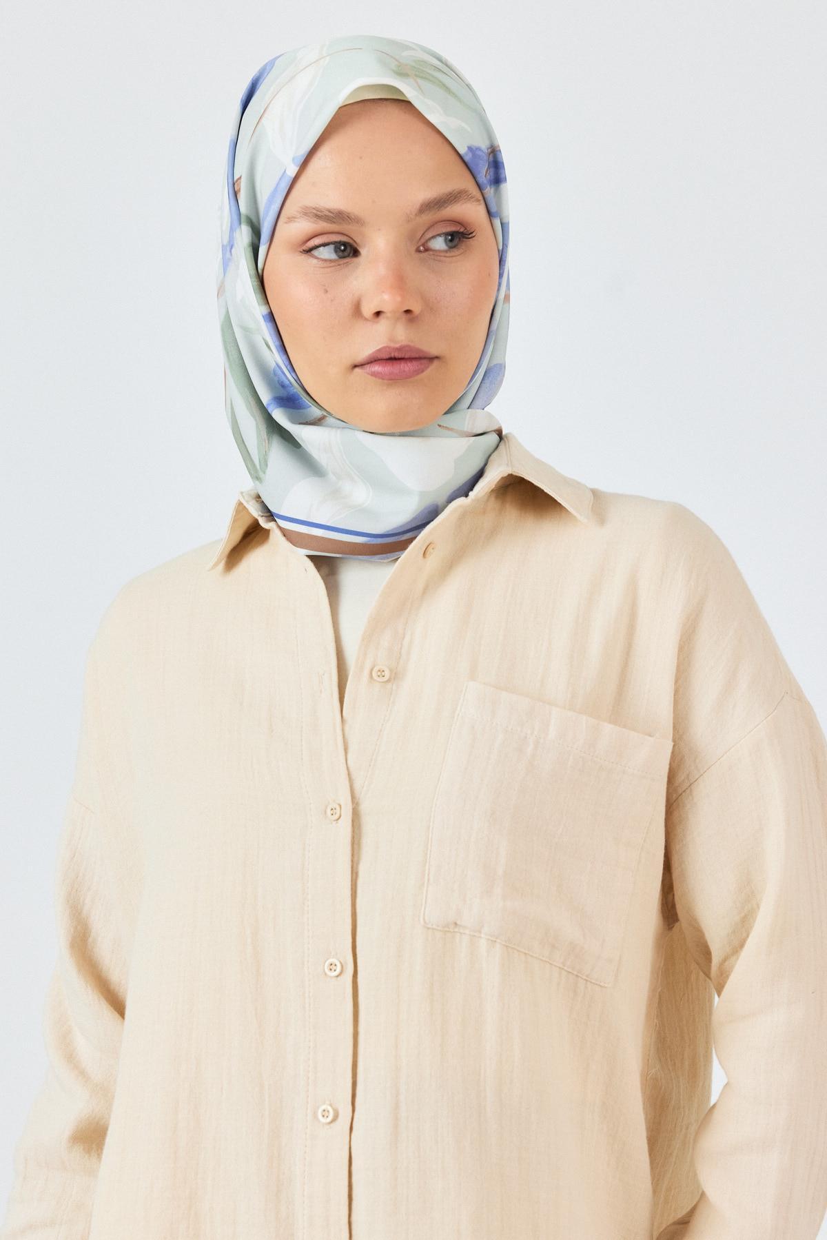 Mavi Yaprak Desenli Eşarp 3004 - 6