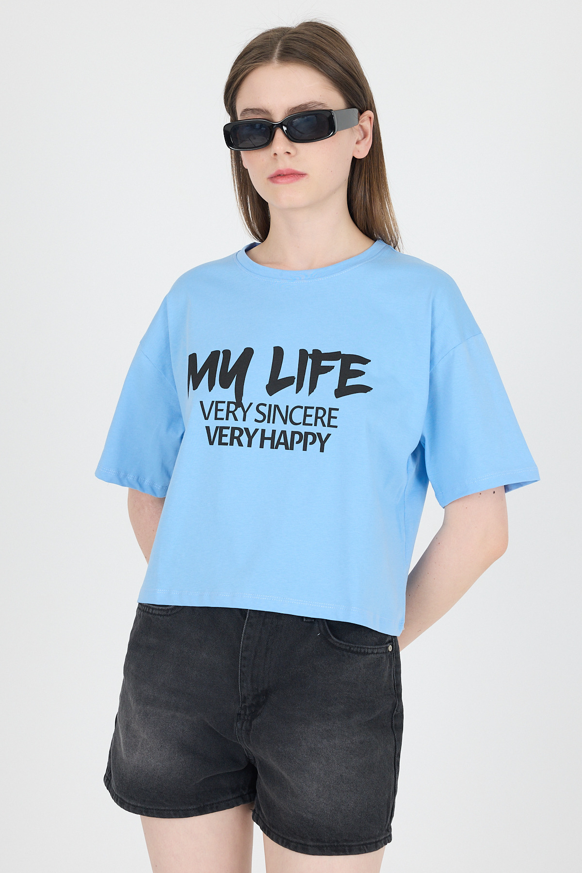 Mavi Yazı Baskılı %100 Pamuk Crop Tişört 9187M - 1