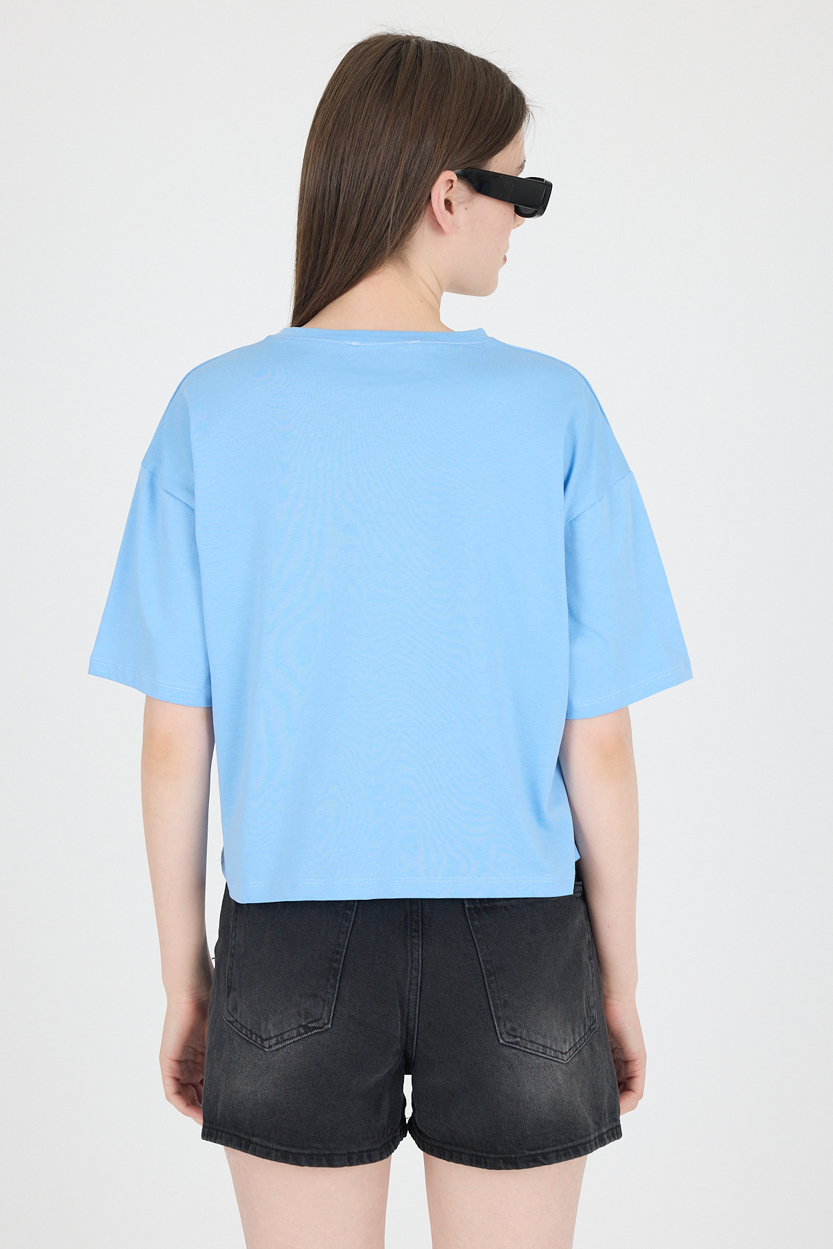 Mavi Yazı Baskılı %100 Pamuk Crop Tişört 9187M - 5