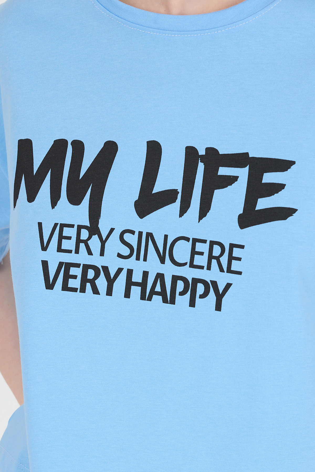 Mavi Yazı Baskılı %100 Pamuk Crop Tişört 9187M - 4