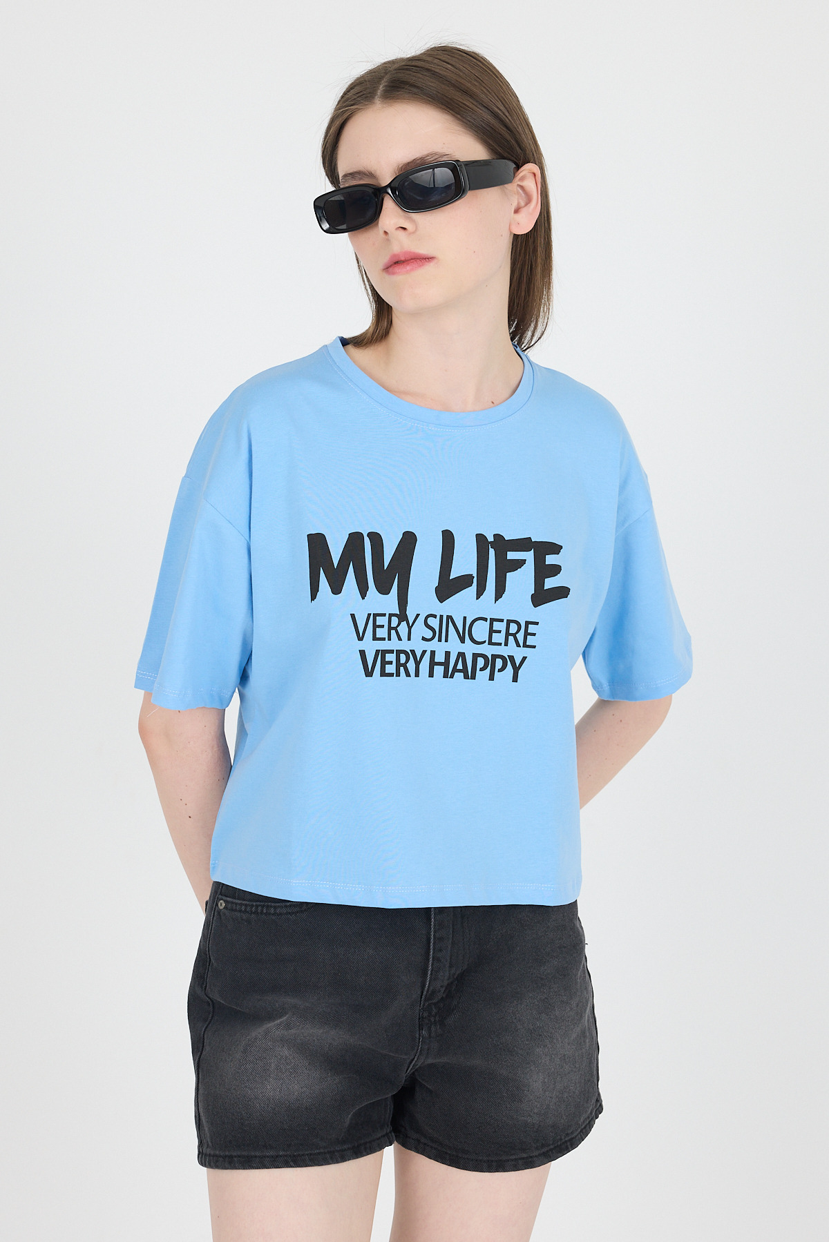 Mavi Yazı Baskılı %100 Pamuk Crop Tişört 9187M - 2