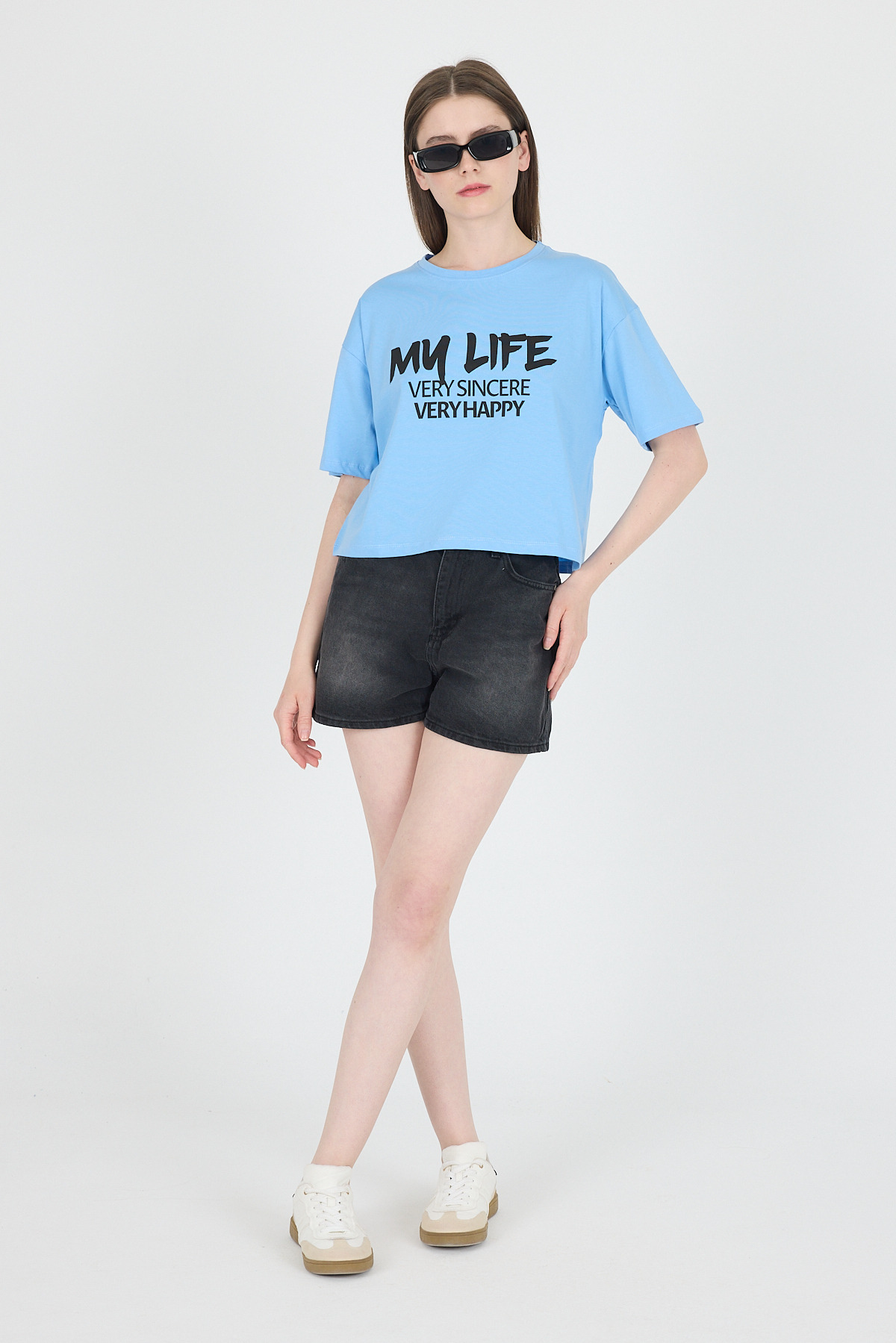 Mavi Yazı Baskılı %100 Pamuk Crop Tişört 9187M - 6