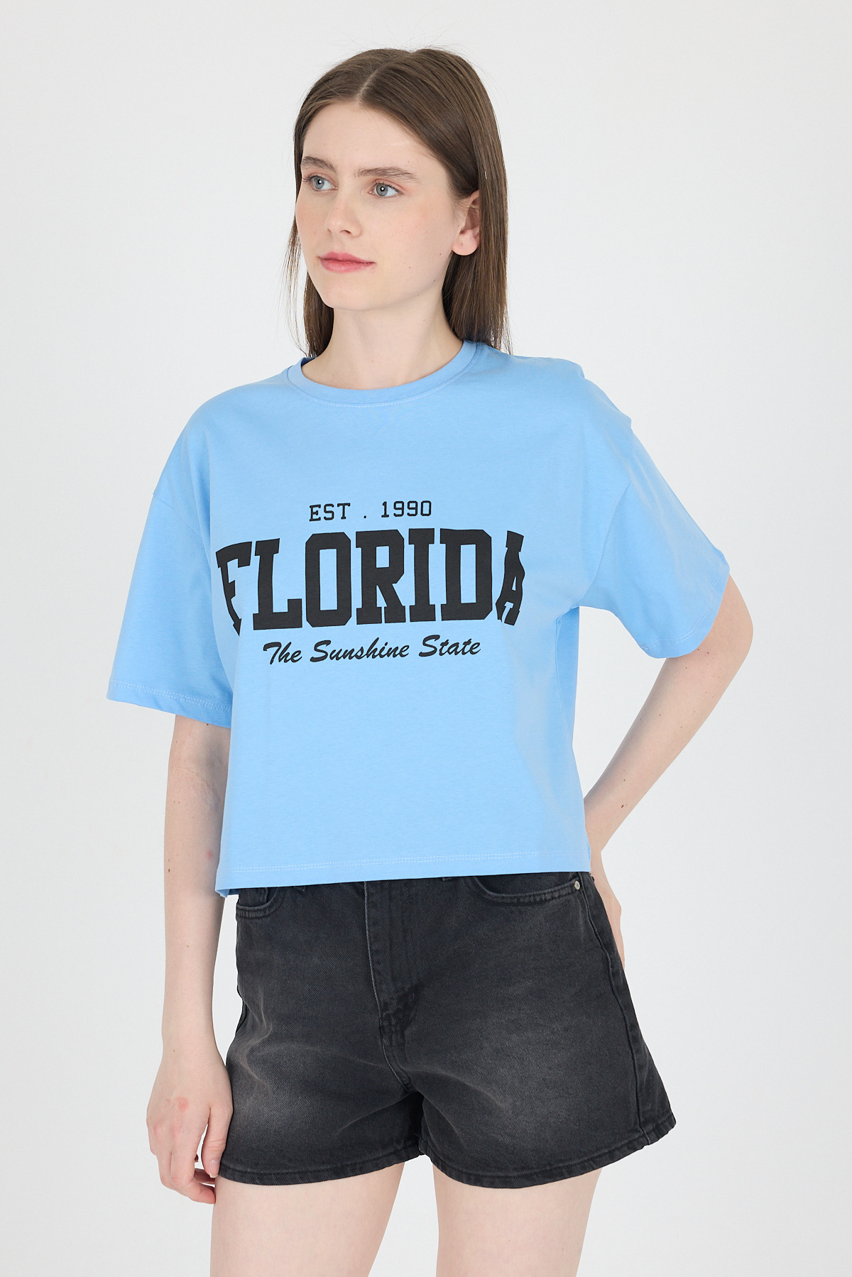 Mavi Yazı Baskılı %100 Pamuk Crop Tişört 9188M - 1