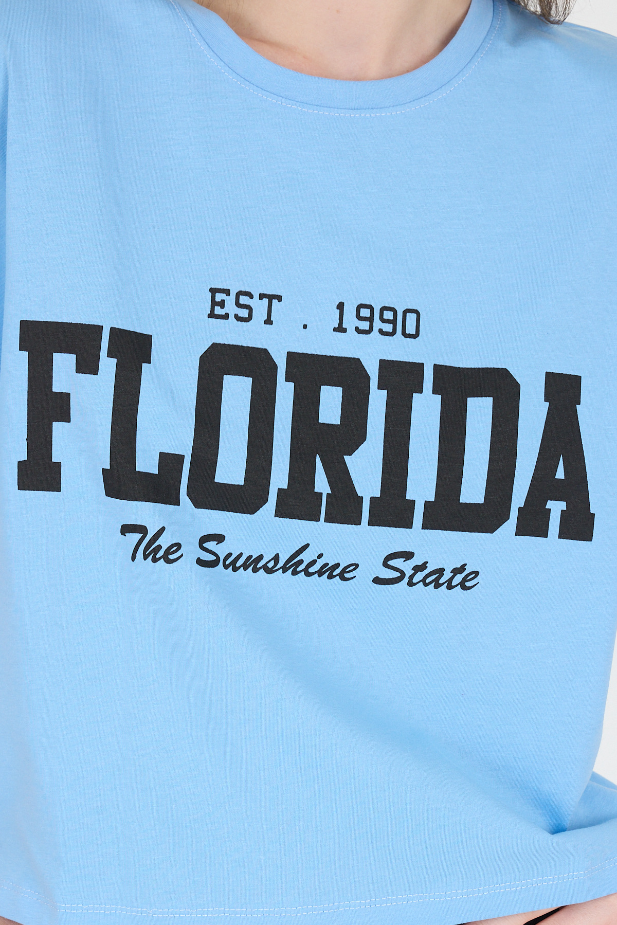 Mavi Yazı Baskılı %100 Pamuk Crop Tişört 9188M - 4