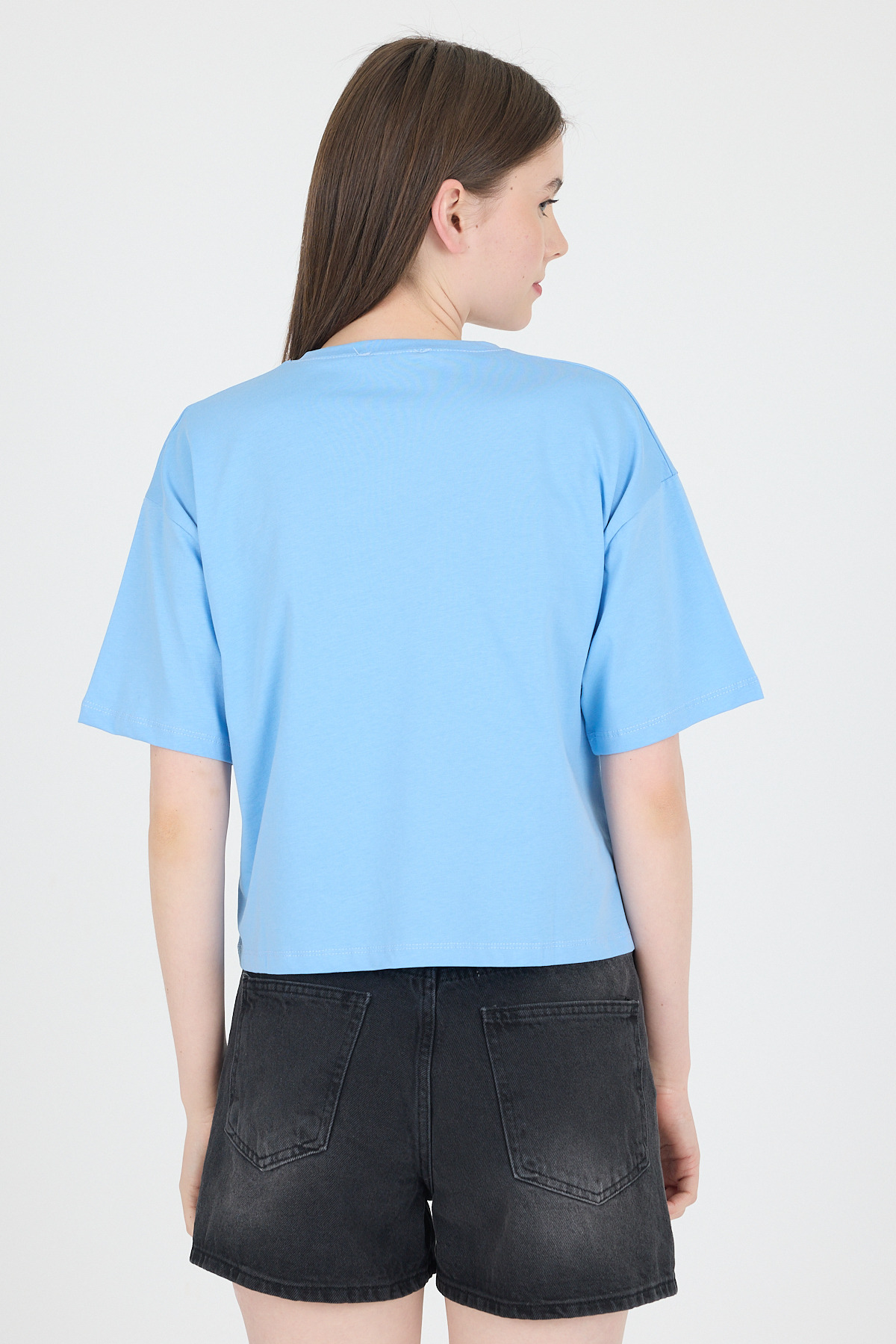 Mavi Yazı Baskılı %100 Pamuk Crop Tişört 9188M - 5