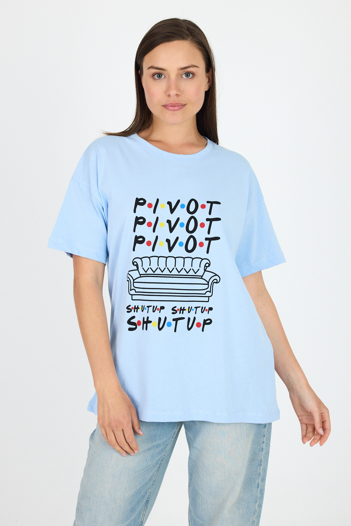 Mavi Yazı Baskılı %100 Pamuk Oversize Tişört 2150-10M - 1